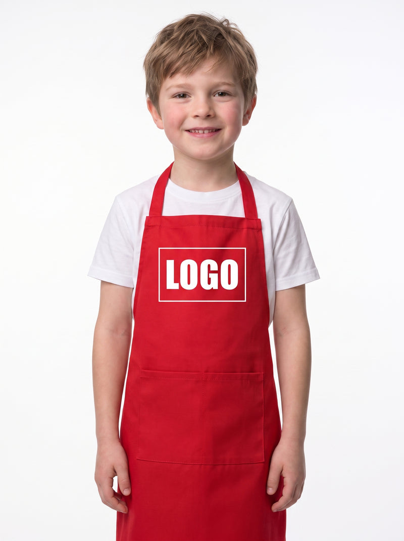 Tablier de Peinture Enfant Personnalisable, packshot studio porté par un modèle