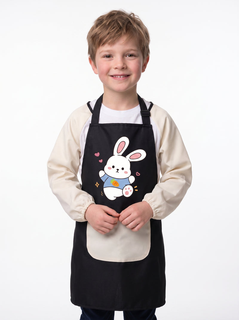 Tablier de Peinture Enfant Noir et Blanc Motif Lapin, packshot studio porté par un modèle