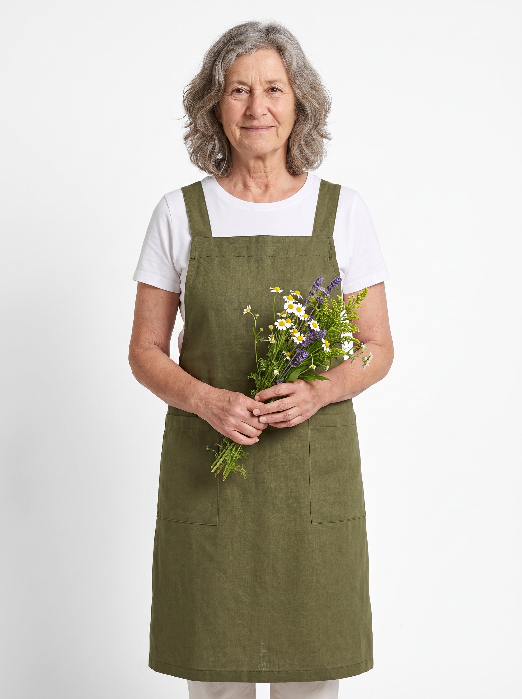Tablier de Fleuriste en Coton Épais, packshot studio porté par un modèle