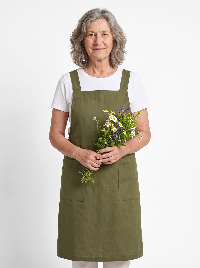 Tablier de Fleuriste en Coton Épais, packshot studio porté par un modèle