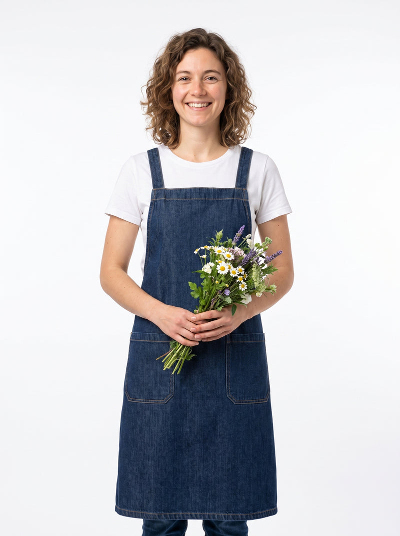 Tablier de Fleuriste en Lin Style Denim, packshot studio porté par un modèle