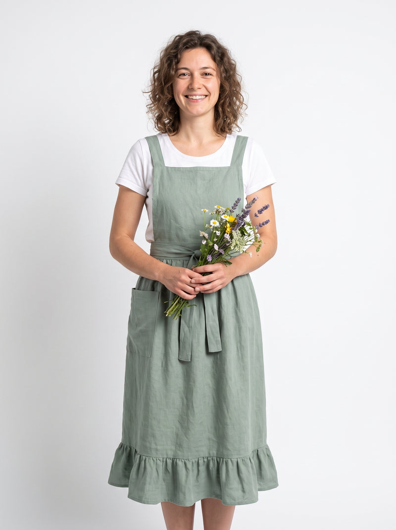 Tablier de Fleuriste Rétro en Coton et Lin, packshot studio porté par un modèle