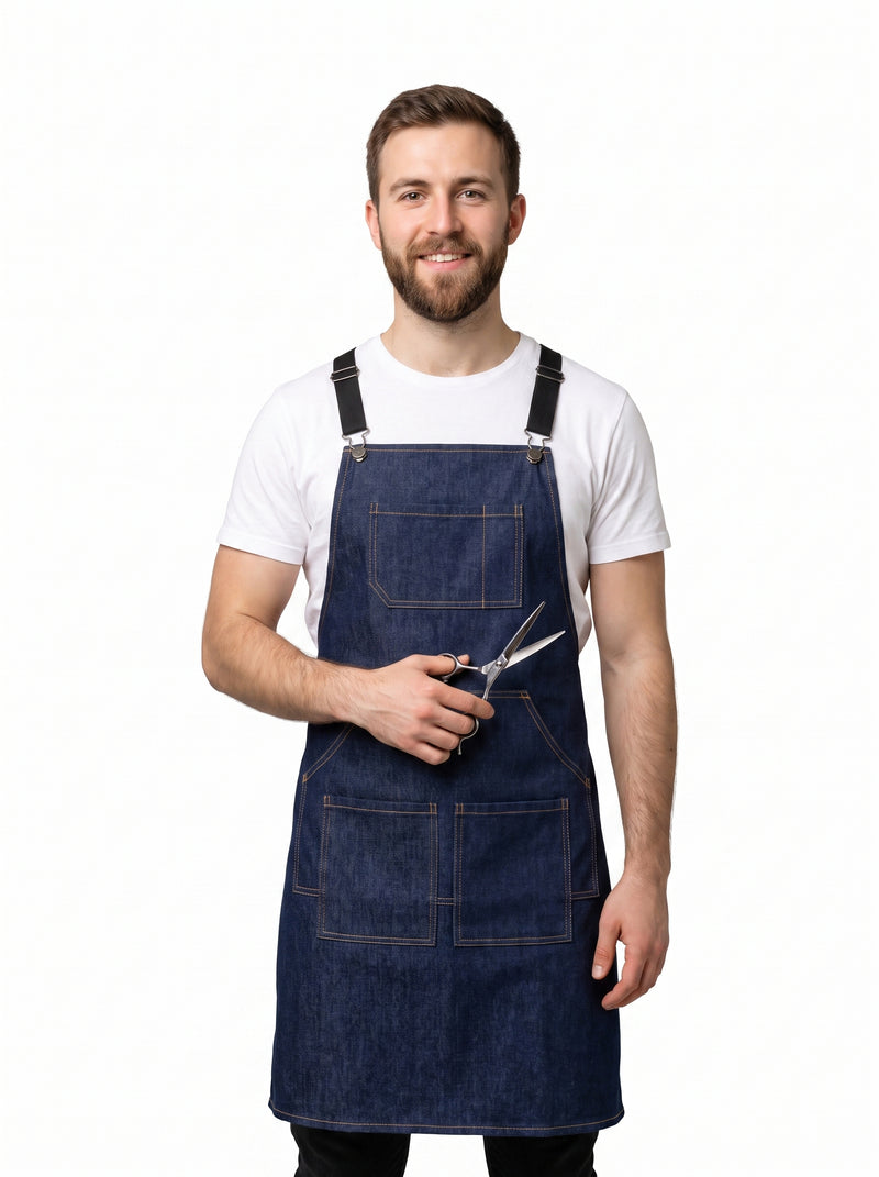 Tablier de Coiffeur en Denim, packshot studio porté par un modèle