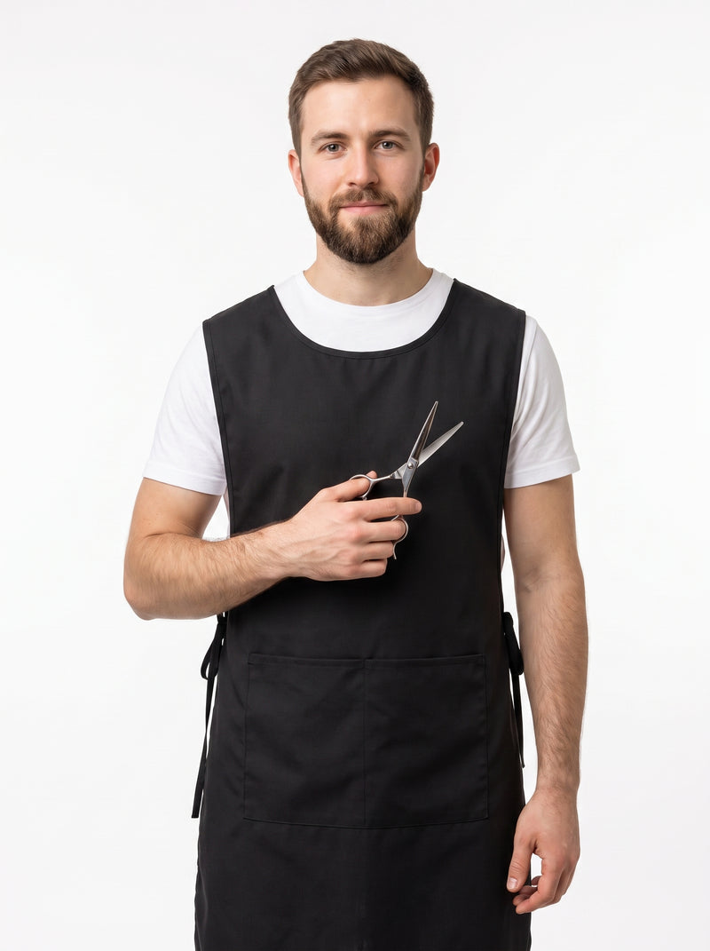 Tablier de Coiffeur Sans Manches, packshot studio porté par un modèle