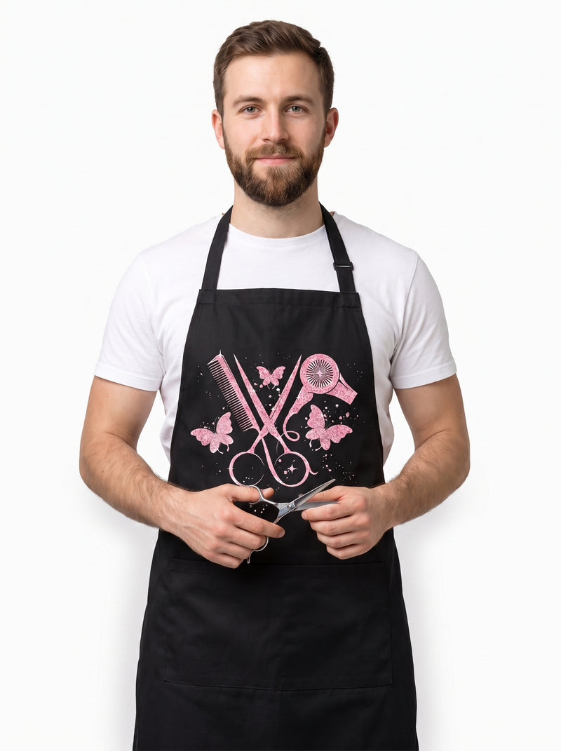 Tablier de Coiffeur Noir avec Motifs Rose, packshot studio porté par un modèle