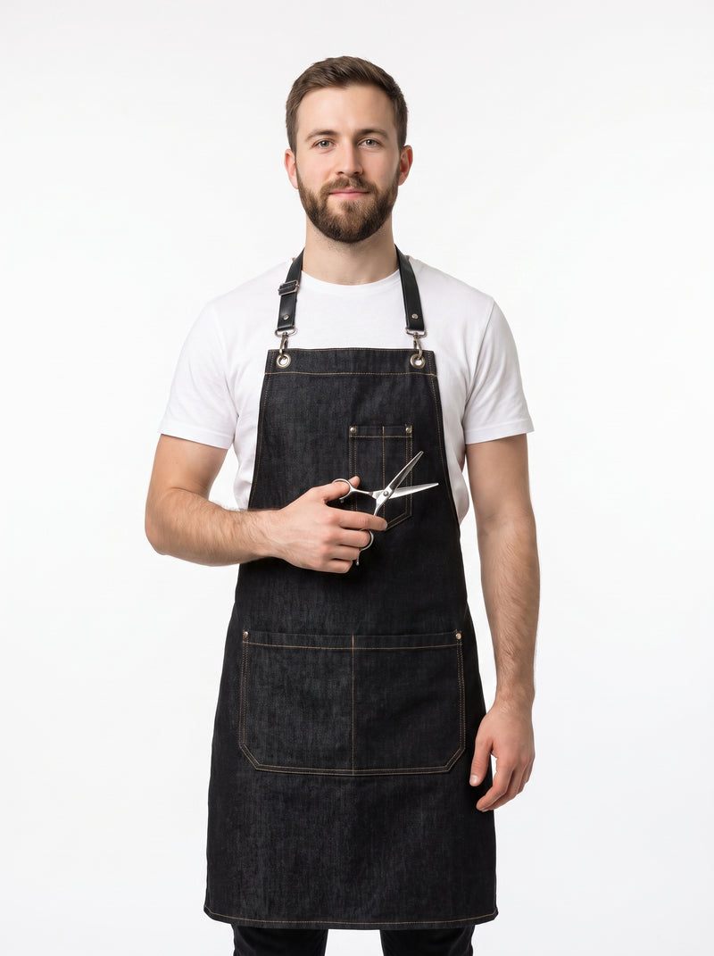Tablier de Coiffeur en Jean, packshot studio porté par un modèle