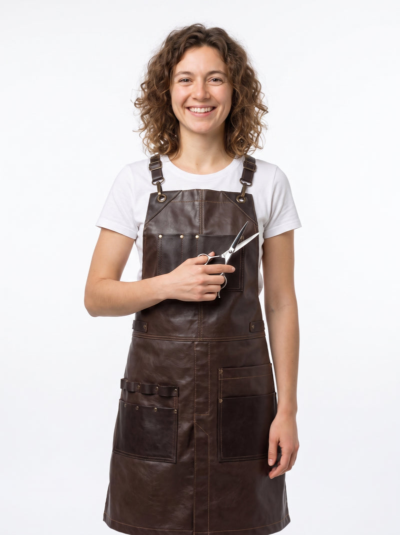 Tablier de Coiffeur Imperméable Style Vintage, packshot studio porté par un modèle