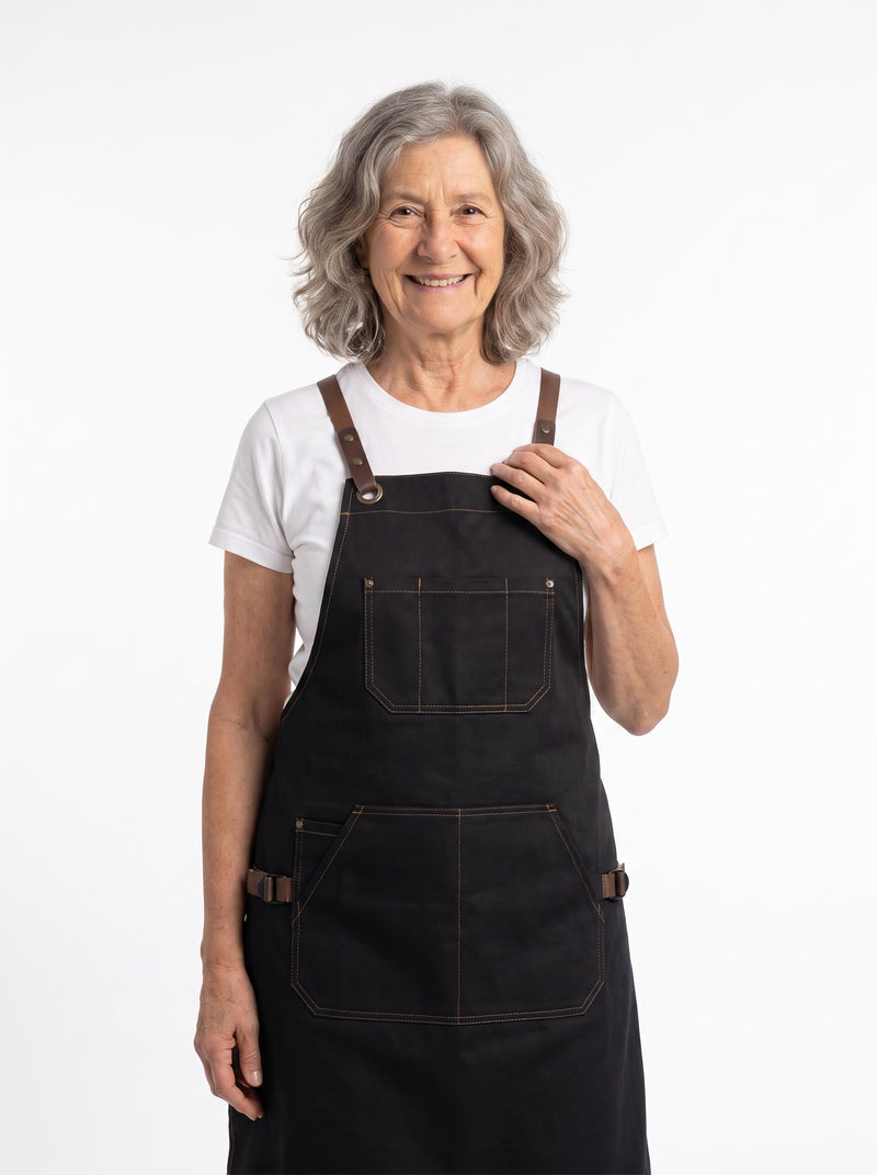 Tablier de Cuisine Jambes Fendues, packshot studio porté par un modèle