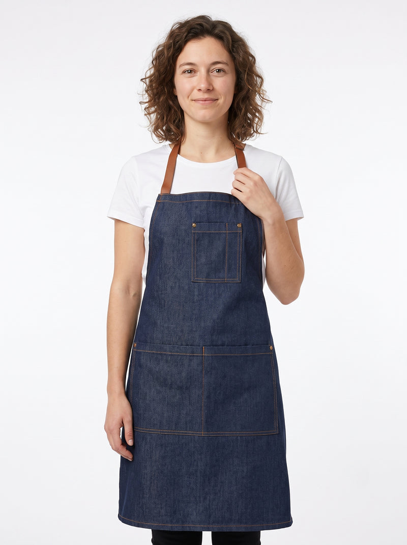 Tablier de Cuisine Femme Chic en Denim, packshot studio porté par un modèle
