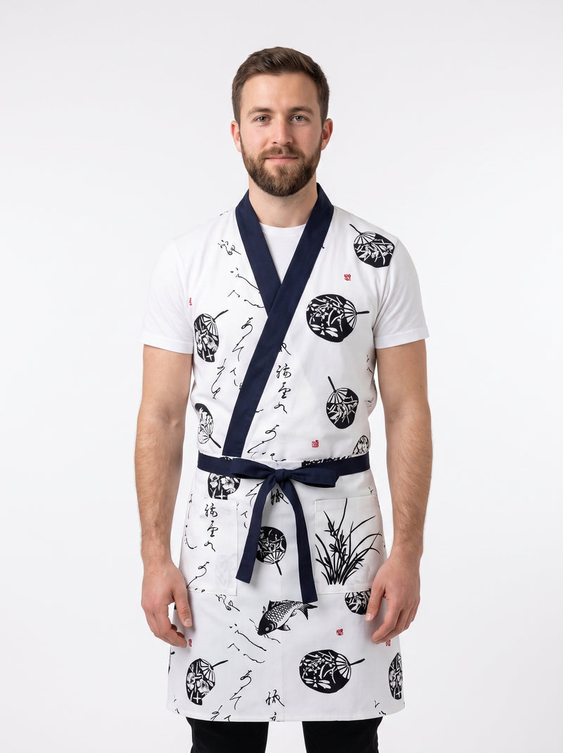 Tablier Kimono de Chef Japonais, packshot studio porté par un modèle