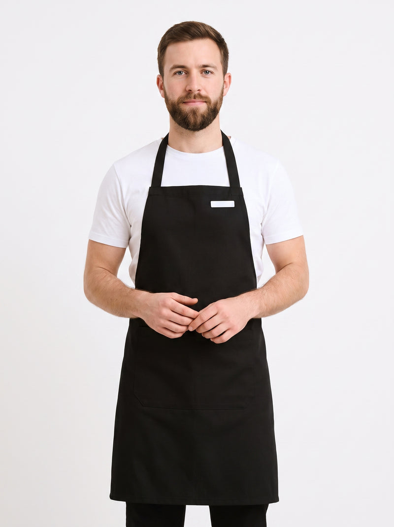 Tablier Japonais Long Noir Croisé au Dos, packshot studio porté par un modèle