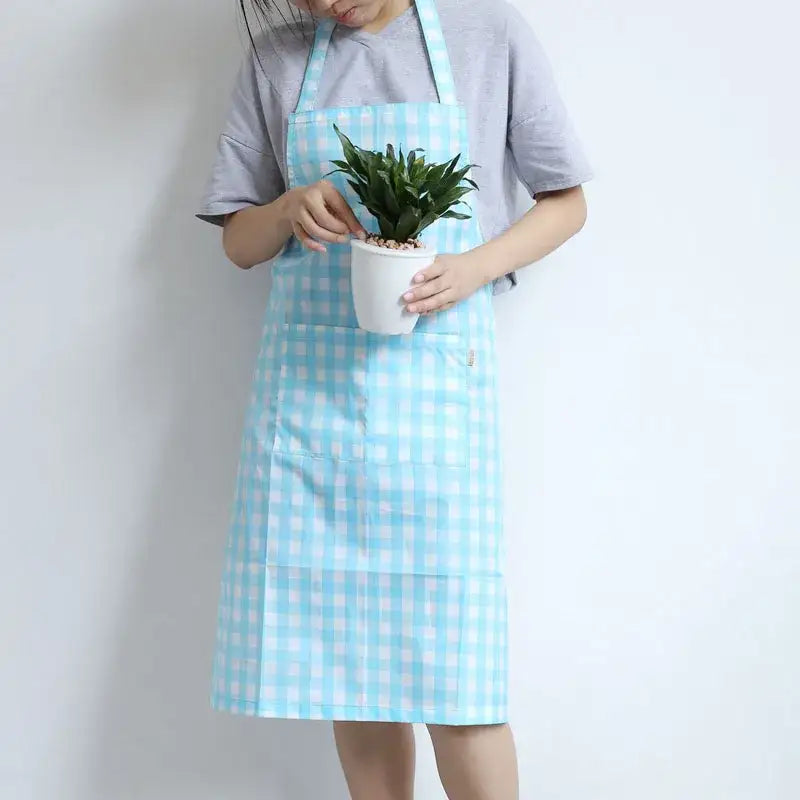 Summer Japanese Plaid Stain-resistant Waterproof Kitchen Apron With Pockets For Men and Women For Cleaning Cooking