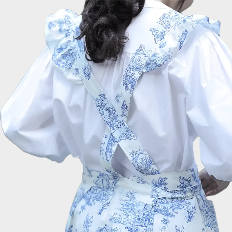 Long Waterproof Cotton Ruffled Apron for Kitchen Garden Women’s Cross-back Pinafore with Pockets for Cooking Baking