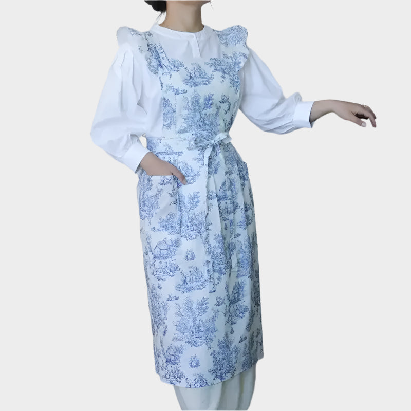Long Waterproof Cotton Ruffled Apron for Kitchen Garden Women’s Cross-back Pinafore with Pockets for Cooking Baking