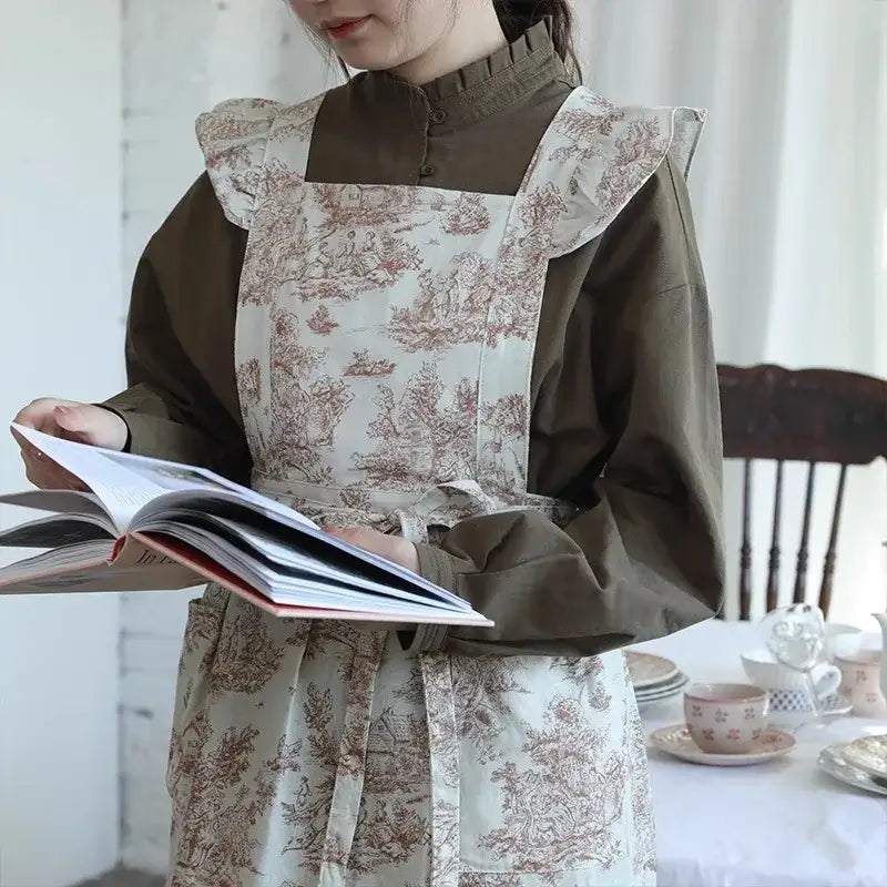 Long Waterproof Cotton Ruffled Apron for Kitchen Garden Women’s Cross-back Pinafore with Pockets for Cooking Baking