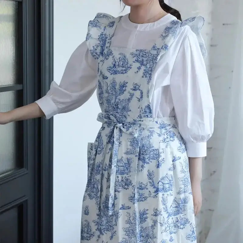 Long Waterproof Cotton Ruffled Apron for Kitchen Garden Women’s Cross-back Pinafore with Pockets for Cooking Baking
