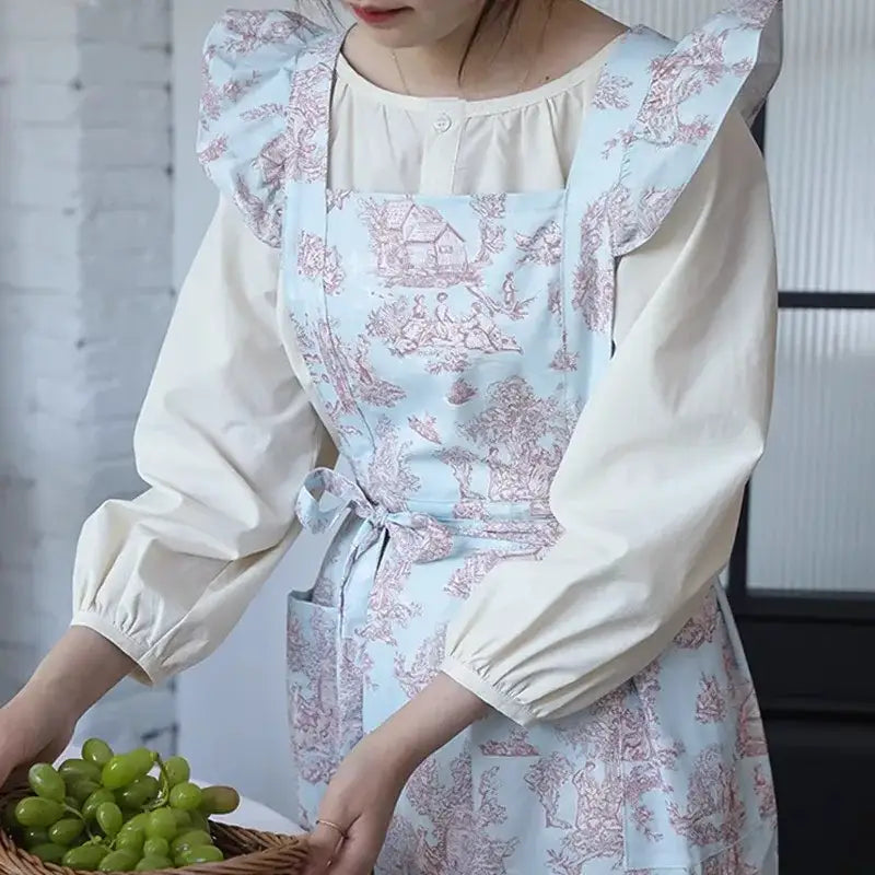 Long Waterproof Cotton Ruffled Apron for Kitchen Garden Women’s Cross-back Pinafore with Pockets for Cooking Baking