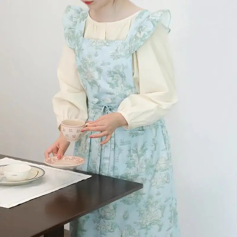 Long Waterproof Cotton Ruffled Apron for Kitchen Garden Women’s Cross-back Pinafore with Pockets for Cooking Baking