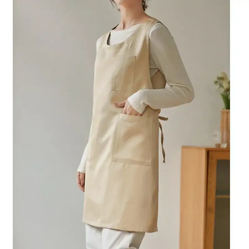 New Japanese Style Thickened Polyester Splash Proof Fabric Apron Korean Floral Home Decor Kindergarten Teacher - khaki