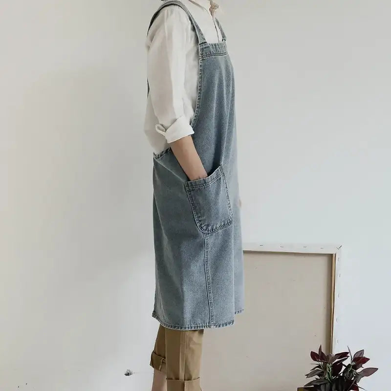 Fashion Simple Korean Style Washed Denim Apron Man Women Home Kitchen Comfort Overalls Florist Retro Art Painting