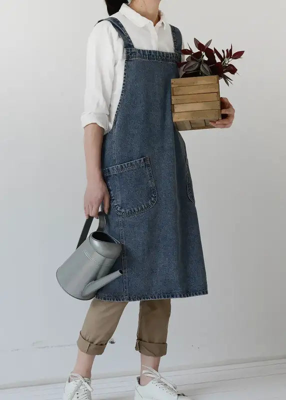 Fashion Simple Korean Style Washed Denim Apron Man Women Home Kitchen Comfort Overalls Florist Retro Art Painting