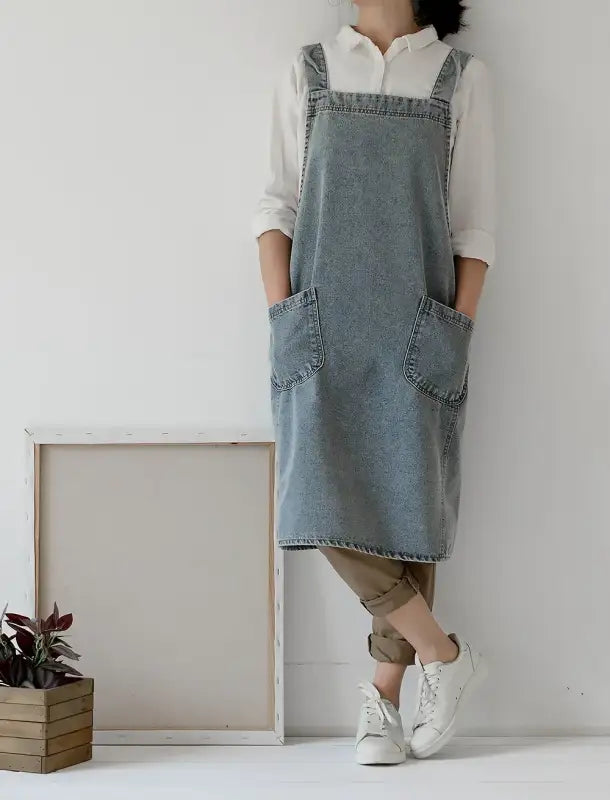 Fashion Simple Korean Style Washed Denim Apron Man Women Home Kitchen Comfort Overalls Florist Retro Art Painting