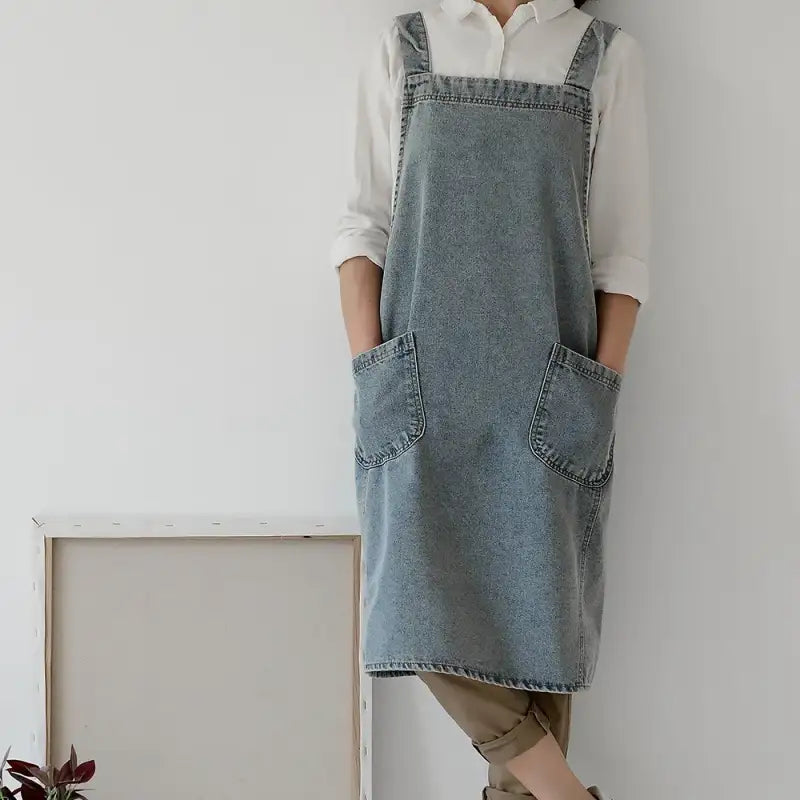 Fashion Simple Korean Style Washed Denim Apron Man Women Home Kitchen Comfort Overalls Florist Retro Art Painting