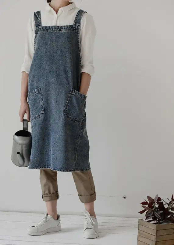 Fashion Simple Korean Style Washed Denim Apron Man Women Home Kitchen Comfort Overalls Florist Retro Art Painting