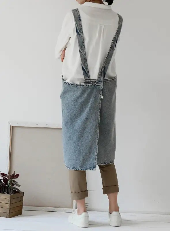 Fashion Simple Korean Style Washed Denim Apron Man Women Home Kitchen Comfort Overalls Florist Retro Art Painting