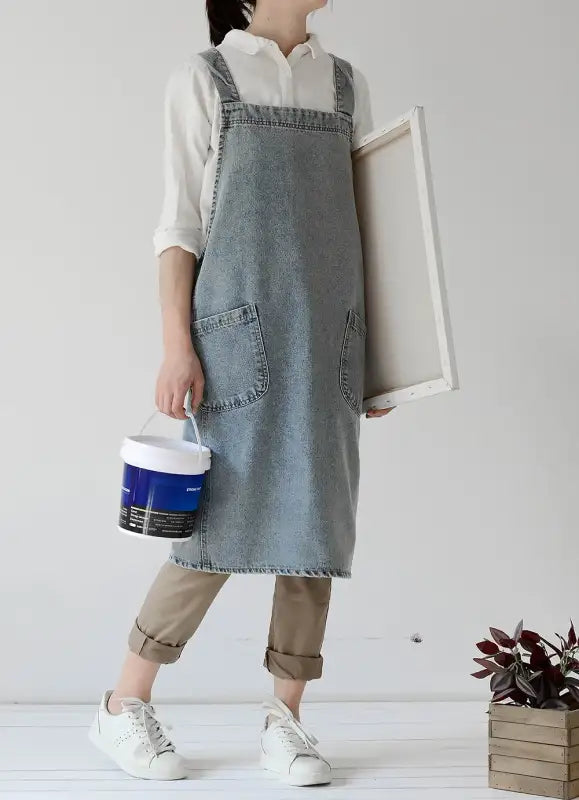 Fashion Simple Korean Style Washed Denim Apron Man Women Home Kitchen Comfort Overalls Florist Retro Art Painting