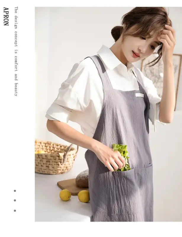 Women Japanese and Korean simple apron denim apron cotton and linen solid color blouse kitchen Florist coffee shop apron