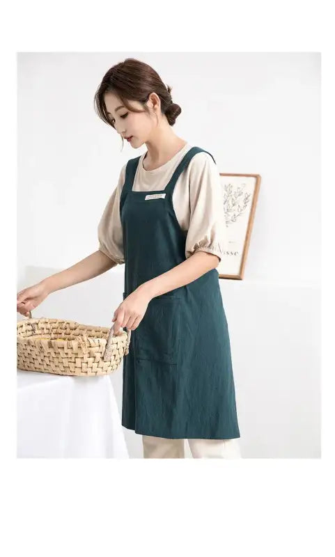 Women Japanese and Korean simple apron denim apron cotton and linen solid color blouse kitchen Florist coffee shop apron