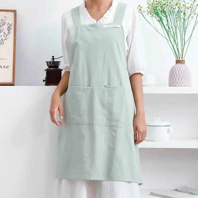 Women Japanese and Korean simple apron denim apron cotton and linen solid color blouse kitchen Florist coffee shop apron