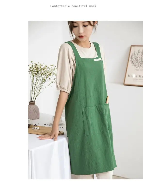 Women Japanese and Korean simple apron denim apron cotton and linen solid color blouse kitchen Florist coffee shop apron