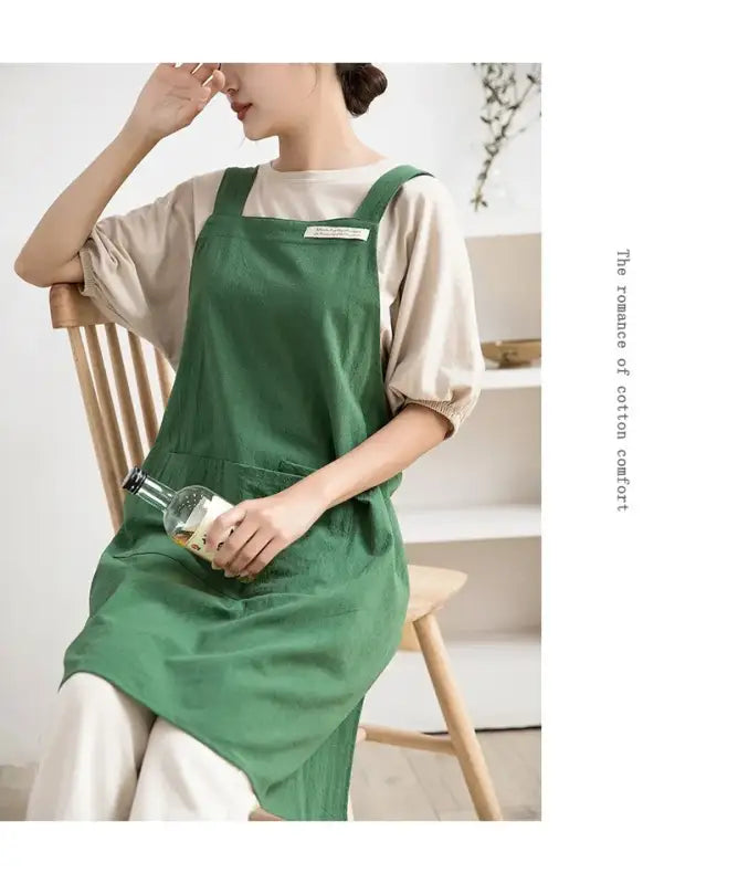 Women Japanese and Korean simple apron denim apron cotton and linen solid color blouse kitchen Florist coffee shop apron