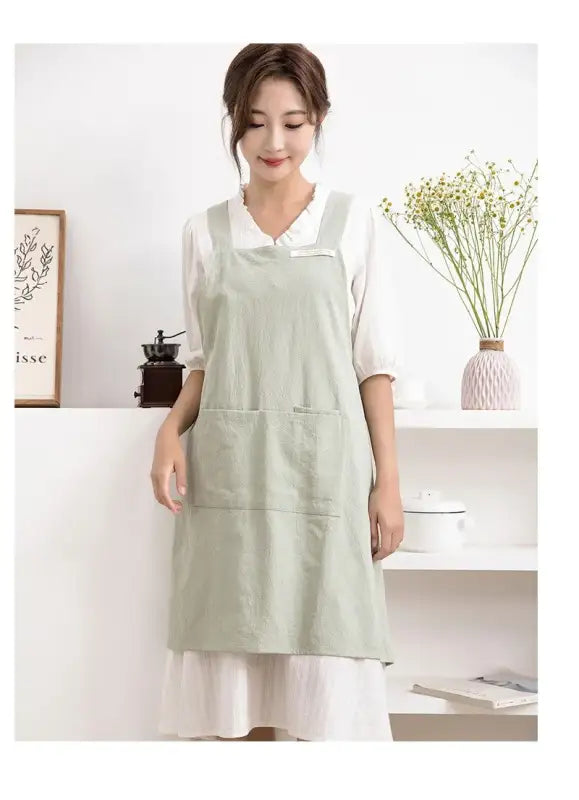 Women Japanese and Korean simple apron denim apron cotton and linen solid color blouse kitchen Florist coffee shop apron