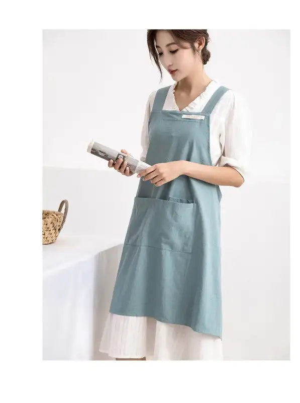 Women Japanese and Korean simple apron denim apron cotton and linen solid color blouse kitchen Florist coffee shop apron