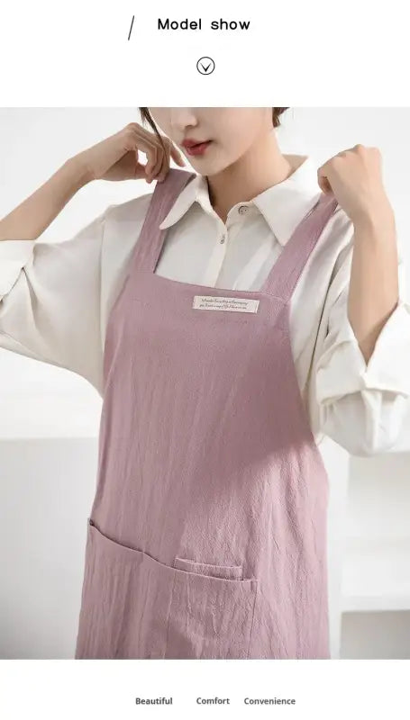 Women Japanese and Korean simple apron denim apron cotton and linen solid color blouse kitchen Florist coffee shop apron