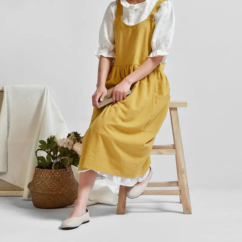 Vintage Women Lady Cross Cotton Linen Aprons Dress Japanese Style Sleeveless Pinafore Home Coffee Cooking Florist