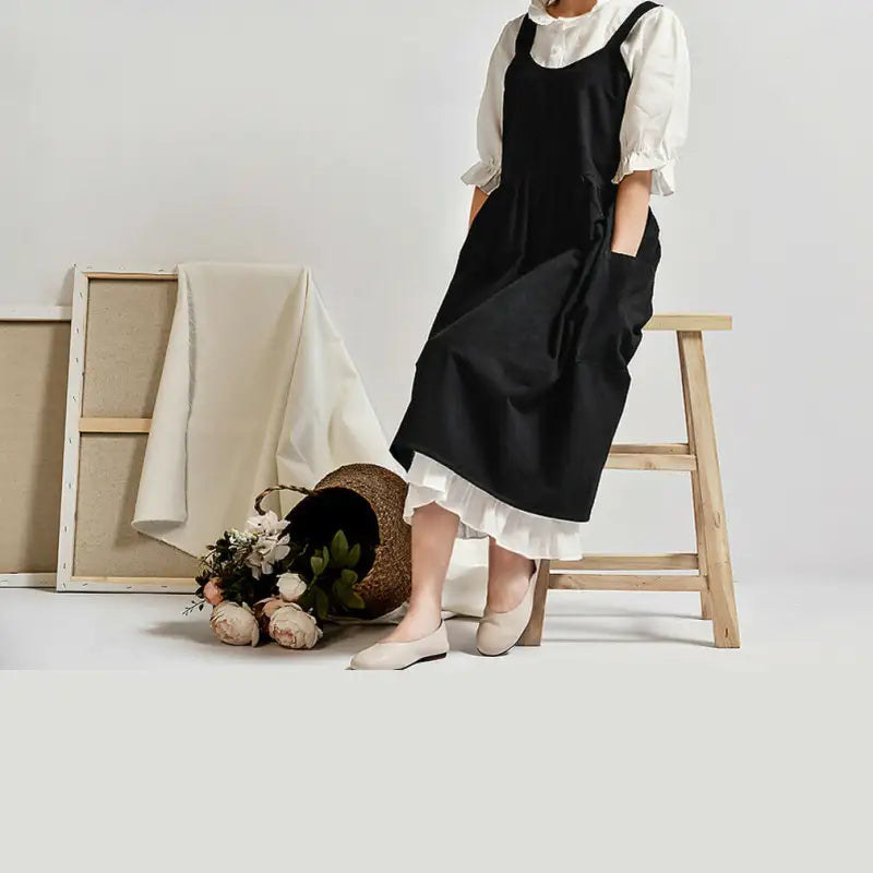 Vintage Women Lady Cross Cotton Linen Aprons Dress Japanese Style Sleeveless Pinafore Home Coffee Cooking Florist