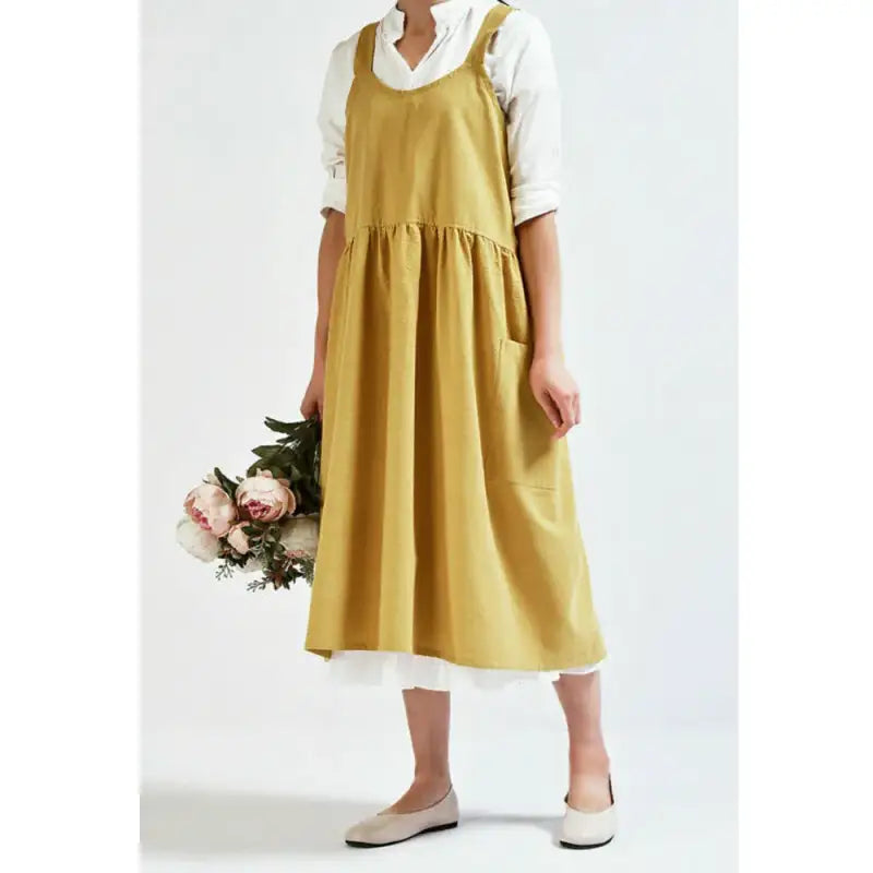 Vintage Women Lady Cross Cotton Linen Aprons Dress Japanese Style Sleeveless Pinafore Home Coffee Cooking Florist