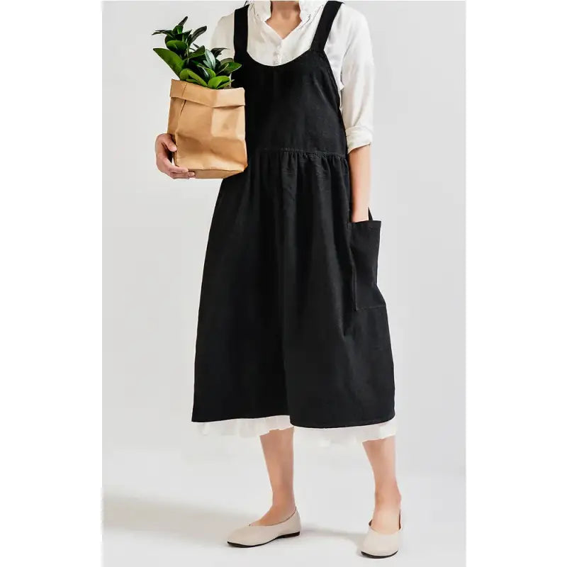 Vintage Women Lady Cross Cotton Linen Aprons Dress Japanese Style Sleeveless Pinafore Home Coffee Cooking Florist