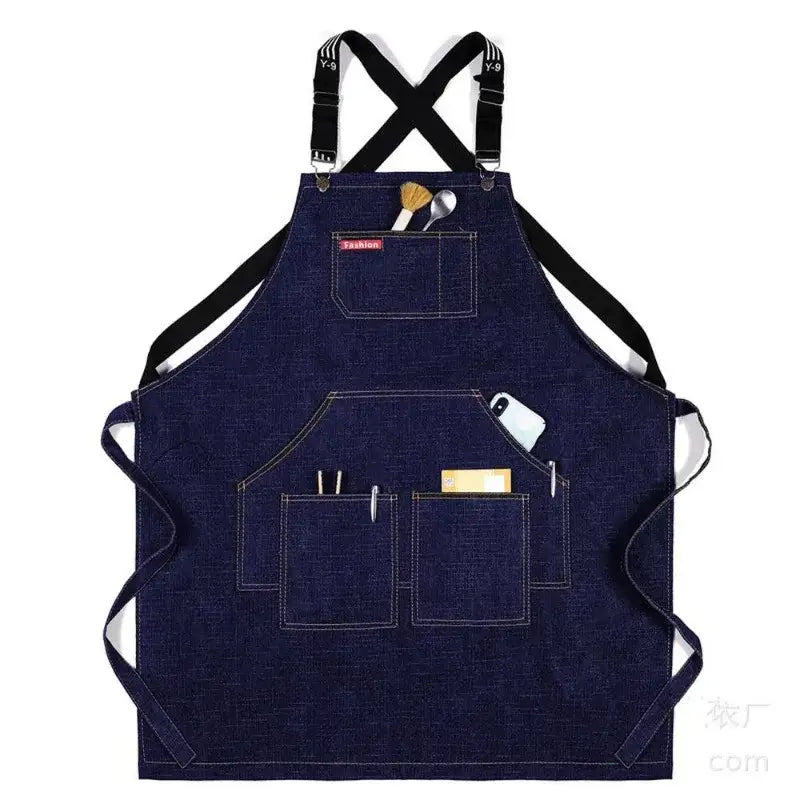 Kitchen Restaurant Work Haircut Denim Apron Barber Chef Cooking Cafe Shop BBQ Apron Hairdresser Cape - navy blue