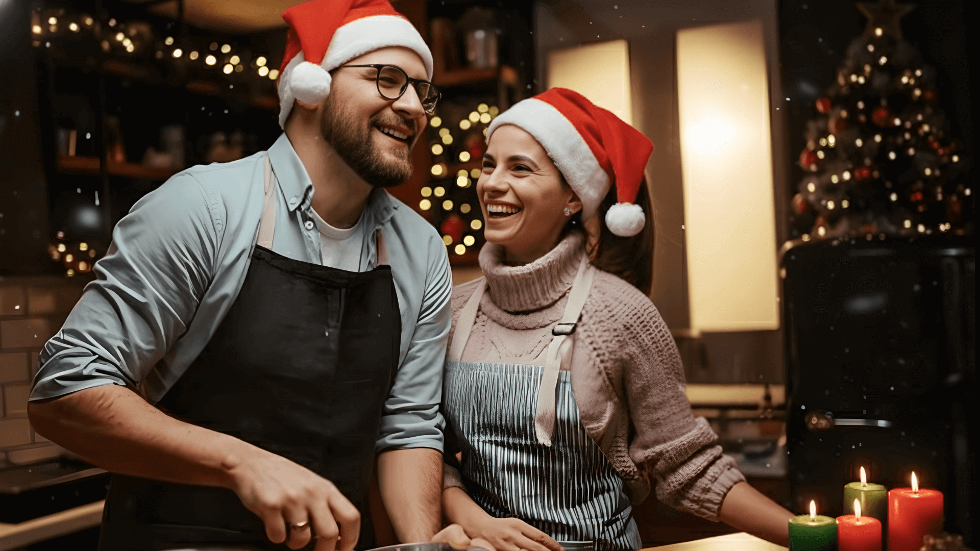 un couple portant un tablier de chef rigole en préparant à manger dans une cuisine en période de Noël