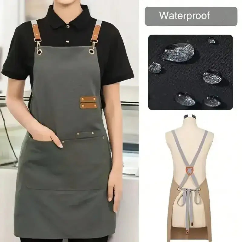 Waterproof Chef Apron,Cross Back Apron for Men Women with Adjustable Straps and Large Pockets,Canvas